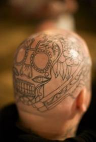 huvud svart och vit skalle linje tatuering mönster