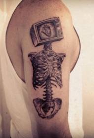 大臂超现实主义风格电视机骨架纹身图案