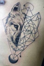 swart bors wolfkop met geometriese planeet tattoo patroon