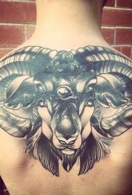 disegno del tatuaggio testa di capra fantasia bianco e nero sul retro