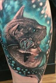 thigh new school color cat head with woman tattoo pattern