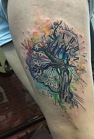 thigh splash ink tree clock tattoo pattern