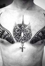 chipfuva nhema uye chena owl musoro nebakatwa uye mapapiro tattoo maitiro