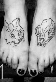 peito do pé preto linha gato crânio e gato cabeça tatuagem padrão