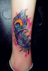 leg color splash ink feather tattoo pattern