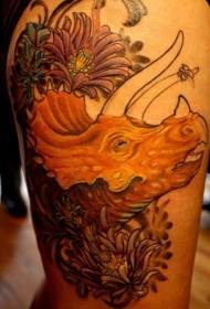 bedro crtani dinosaurus glava i cvijet boja tetovaža uzorak