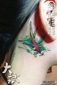 Meitenes ausīs skaistu krāsainu mazu bezdelīgu tetovējuma modeli