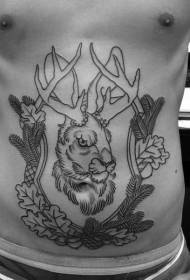 trbuh crne linije jelene glave s lišćem tetovaža uzorka
