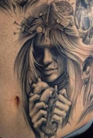înfricoșător model de tatuaj inimă avatar femeie alb-negru