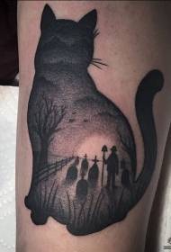 perna punto negro gato puntada gato patrón de tatuaxe de paisaxe