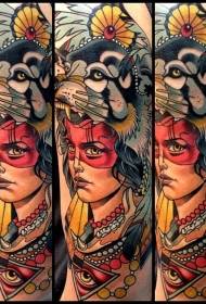 new school color woman portrait with dog head and Jewelry Tattoo Pattern