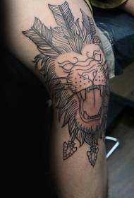 Patron de tatuatge de cap de lleó de línia negra de genolls i fletxa