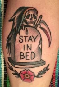 Disegni di tatuaggi di Death Scythe su polpacci per ragazzi e immagini di tatuaggi di tombstone