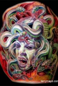 spalvotas kruvinas „Medusa“ gyvatės galvos tatuiruotės raštas