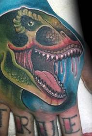 hand terug nieuwe school kleur bloedige dinosaurus hoofd tattoo patroon