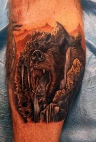 惊人的彩色熊头形瀑布纹身图案