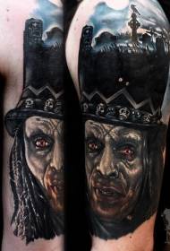 cabeza de monstruo malvado de brazo grande espeluznante con patrón de tatuaje de cementerio
