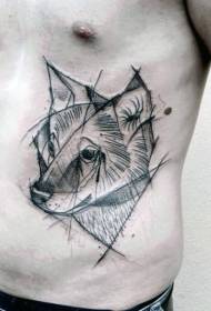 Patrón de tatuaje de cabeza de lobo negro estilo de talla de costilla lateral