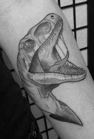 beso zuri-beltzeko dinosauroaren burua tatuaje ereduarekin