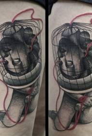 Surrealistinen tyyli lintuhäkki ja nainen avatar tatuointi malli