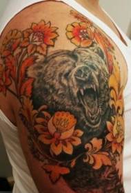 iso keltainen kukka ja karhu-avatarin väri-tatuointikuvio