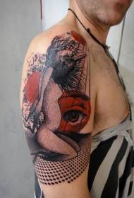rokas sirreāla stila krāsaina putna galvas un acs sievietes tetovējuma raksts