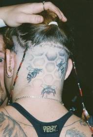 head black and white flying bee and honeycomb tattoo pattern