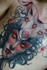 borstkleur horror stijl demon gezicht en geitenkop tattoo patroon