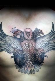 borst stam totem met kleur driekoppige adelaar tattoo patroon