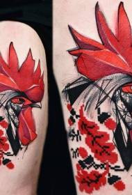 腿部彩色漂亮的大公鸡头部纹身图案