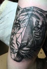 kalahati ng makatotohanang semi-geometric na itim at puting tiger head tattoo pattern