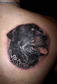 ρεαλιστικό μαύρο Rottweiler κεφάλι πορτρέτο πίσω μοτίβο τατουάζ