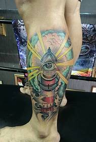 Un motif de tatouage de phare coloré avec une belle jambe