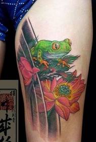 大腿上的青蛙和荷花纹身图片