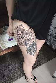 flower cat tattoo combined with leg tattoo tattoo