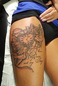 sexy woman right thigh black gray clock rose English word tattoo picture