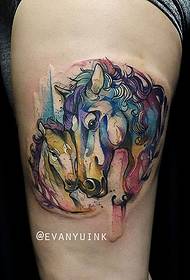 大腿水彩美麗的馬紋身圖案