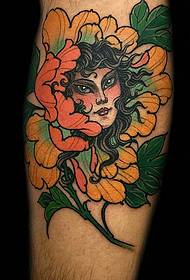 Kallef Peony Blummen an der Mëtt Girl avatar Tattoo Muster