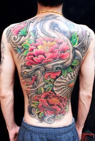Plena malantaŭa python-peonia-flua tatuaje-ŝablono - tatuaje-butiko de Tianjin-butiko funkcias