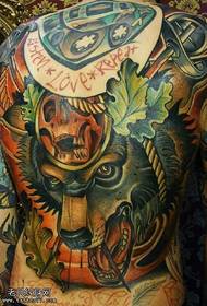 Full back mechanical war wolf tattoo pattern