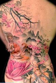 女人滿背彩色的佛蓮花紋身圖片