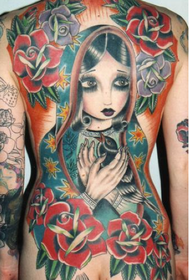 A full-back color doll head tattoo pattern