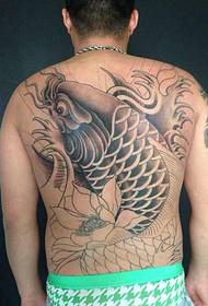 A classic black and white squid tattoo on the back