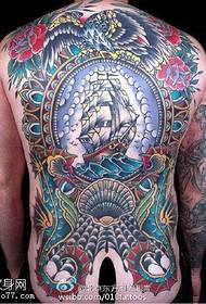 Full back sailing eagle flower tattoo pattern