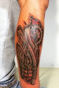 Modello classico di tatuaggio totem meccanico bianco e nero della gamba