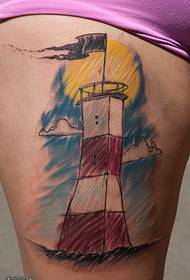大腿上的彩色灯塔纹身图案
