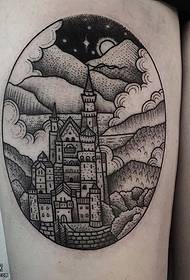 Classic castle tattoo pattern on thigh