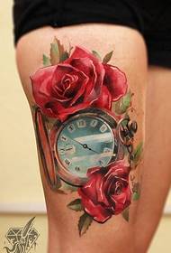 tetovaža ženskog ruža na bedru, tetovaža 39824 - vrlo privlačna bogata tetovaža izblijedjelog koi cvijeta