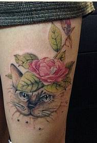 女性雙腿時尚貓玫瑰紋身圖案圖片
