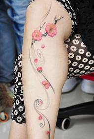 Gambar-gambar pola tato plum warna-warni yang indah dan indah dari kaki wanita cantik